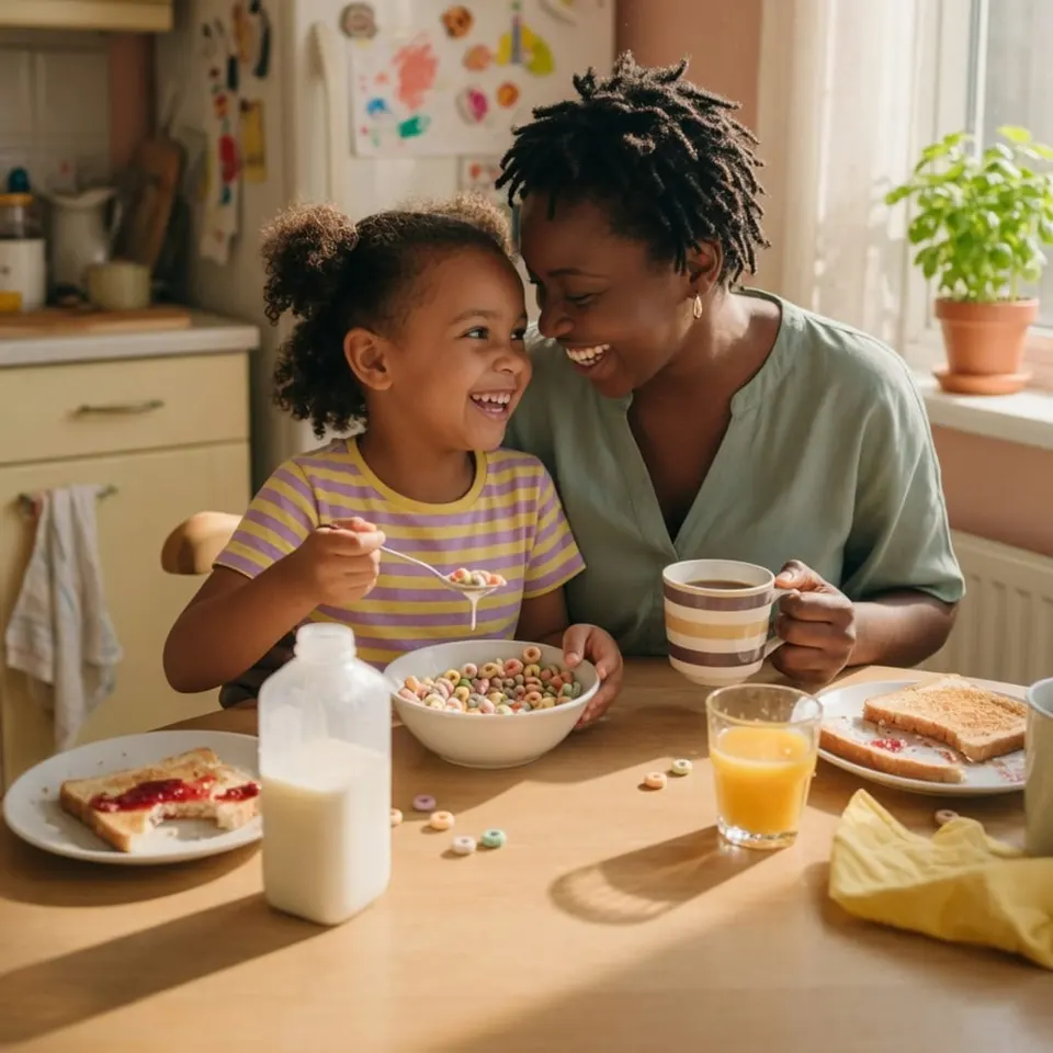 A parent and child laughing together in the kitchen