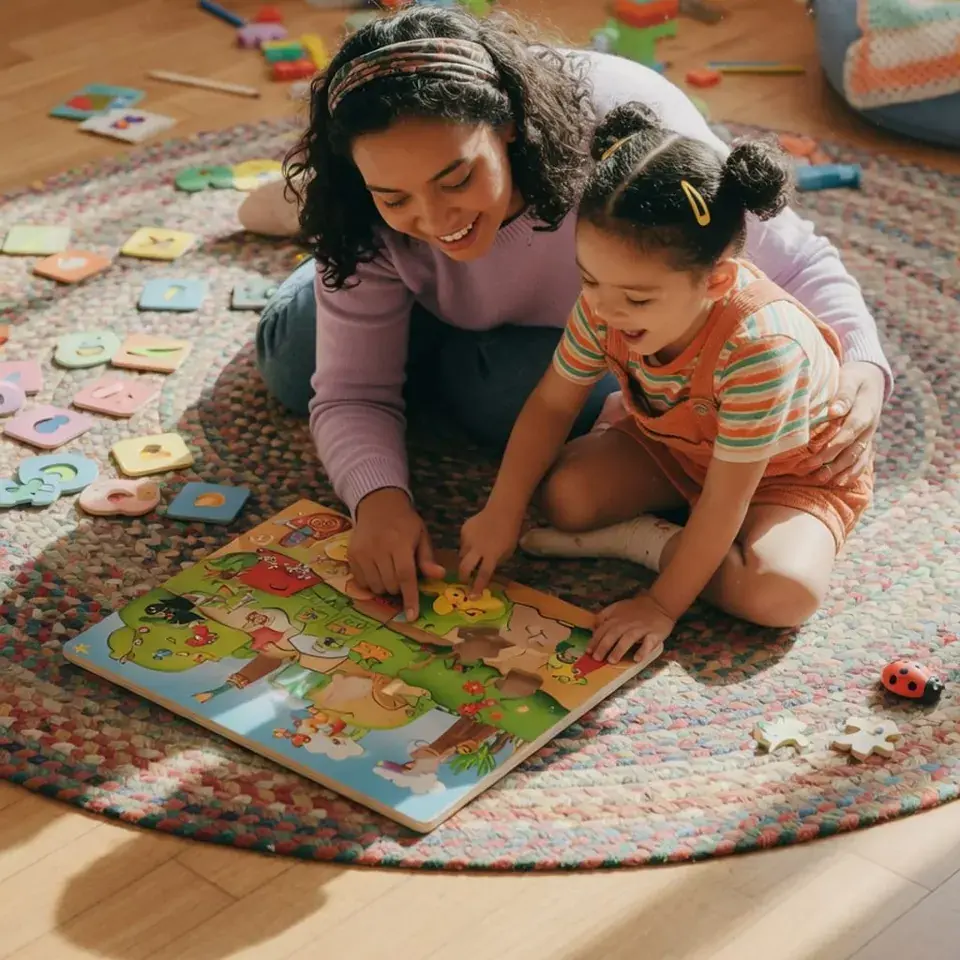 An ABA therapist working with a child on the floor at home in New Jersey