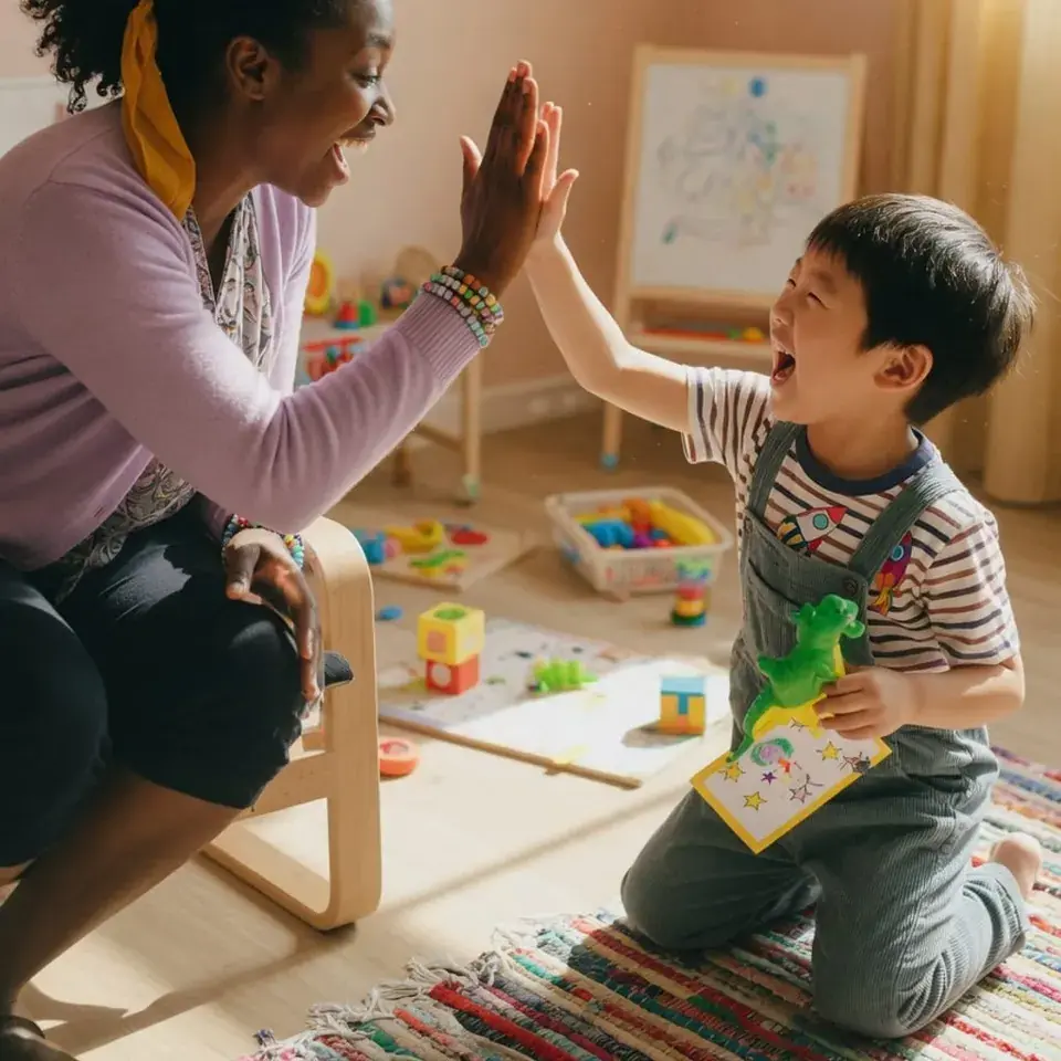 A Liftoff ABA therapist high-fiving a child during a session